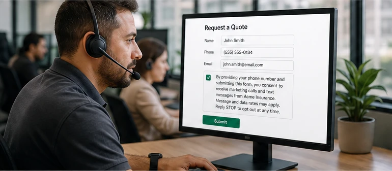 Agent with a headset looking at a lead form with a consent checkbox and a submit button