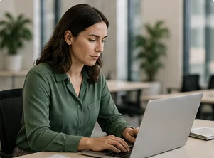 Compliance analyst reviewing consent records on a laptop at her desk