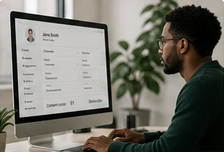 Analyst checking a consent record and its score on a desktop monitor