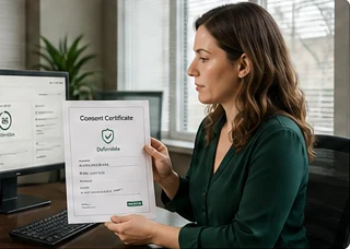 Compliance manager holding a printed consent certificate beside her monitor