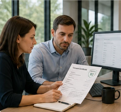 Two compliance specialists reviewing a printed consent certificate at a desk