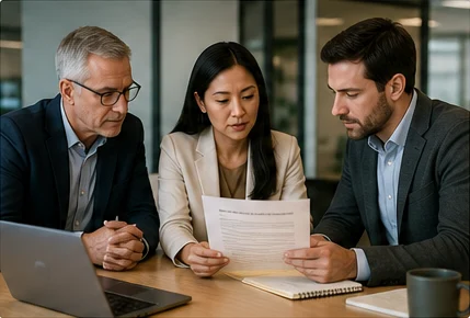Three reviewers at a conference table reading a printed evidence document beside a laptop