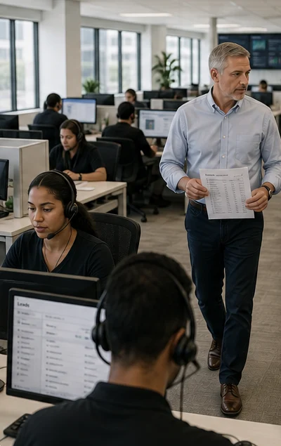 Agents on calls at their desks while an operations manager walks the floor with a printed lead list