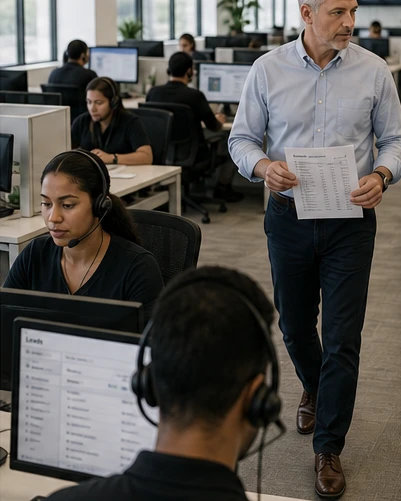 Operations lead walking through a call center floor with a printed lead list while agents work on calls