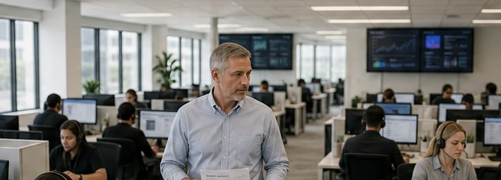 Call center floor with agents in headsets and an operations manager holding a printed lead list