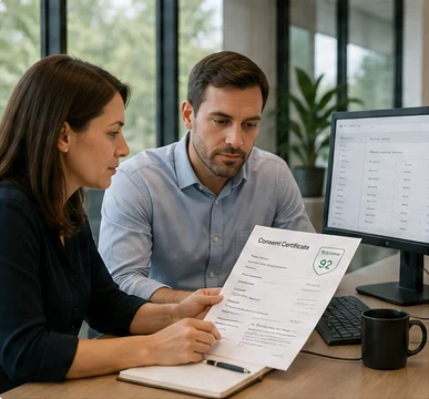 Two colleagues reading a printed consent certificate with a score at a desk